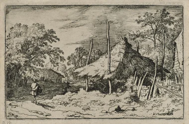 Rad unter einem verstellbaren Schutz (Radierung auf Papier)